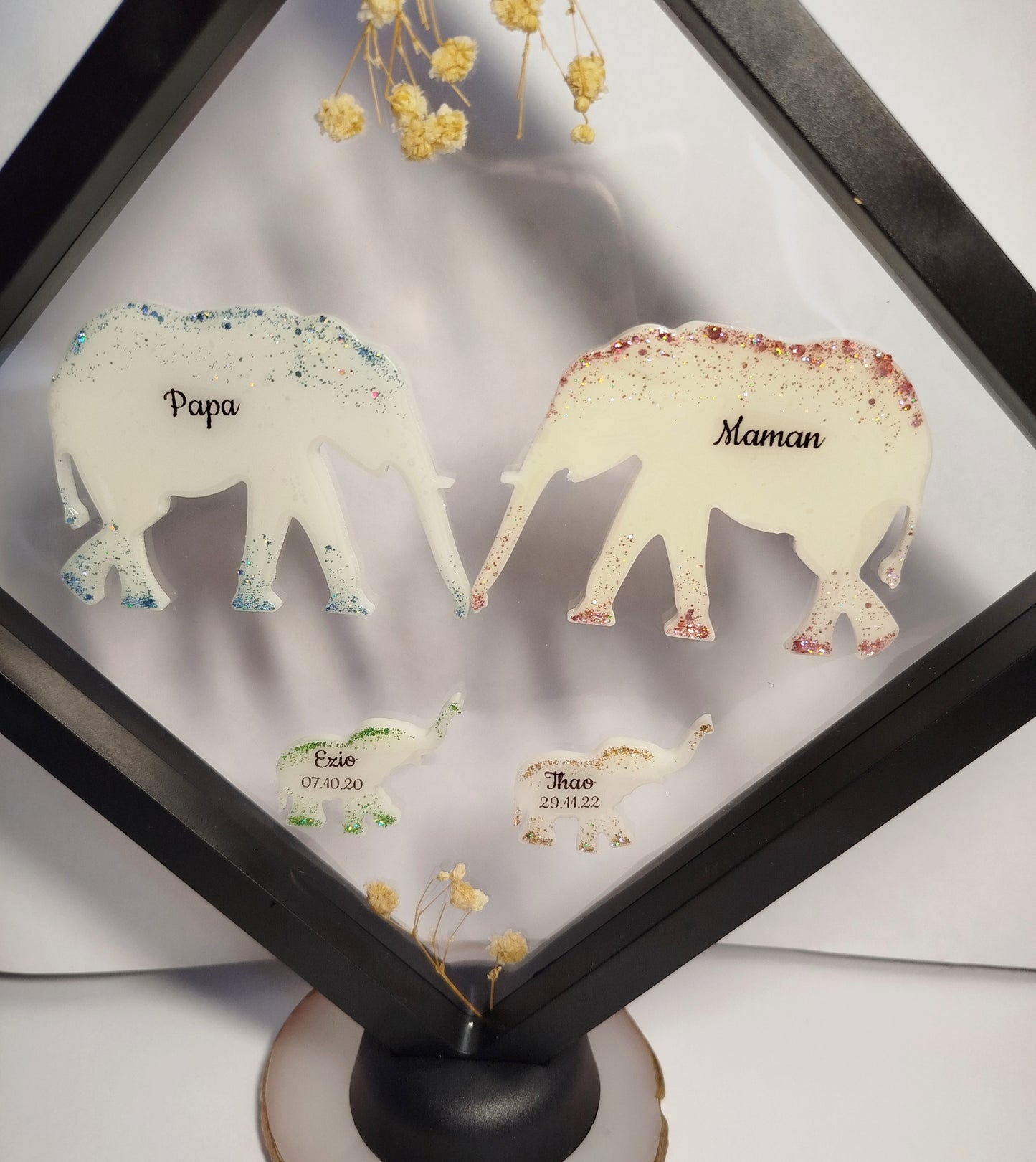 Cadre Famille d'Éléphants – Lait Maternel Et/Ou Mèche de Cheveux
